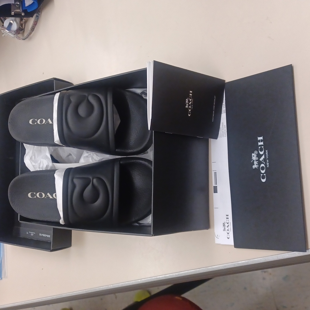 Coach Flat Black Rubber Pool Slides NIB